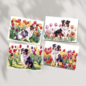 Australian Shepherd in a Field of Tulips, Spring Collection Blank Note Card Pack